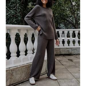 FULL SET NAP Loungewear Leisure Rib-Knit Set 100% Cashmere Charcoal Gray SZ S